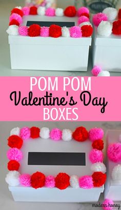 pom pom valentine's day boxes with pom poms in them