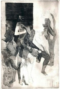 an abstract drawing of three people standing in front of a window with their arms around each other