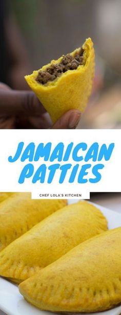 some food that is on a plate and in front of the words jamaican patties