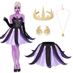 a woman wearing a purple and black costume with accessories on it's sides, including a crown, necklace, earrings, and bracelet