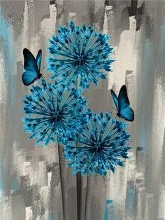 blue flowers and butterflies are in a vase