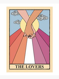 the lovers tarot card with two hands holding each other's hand and clouds in the background