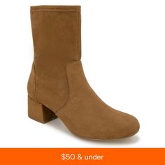 in stock Spring Fitted Booties With Block Heel, Spring Fitted Almond Toe Booties, Fitted Closed Toe Booties For Fall, Fitted Fall Booties With Closed Toe, Brown Mid-calf Boots With Block Heel For Spring, Spring Brown Mid-calf Boots With Block Heel, Fitted Suede Booties For Spring, Spring Brown Suede Mid-calf Boots, Brown Suede Mid-calf Boots For Spring