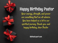 two wrapped presents are sitting on a table with the words happy birthday pastor above them