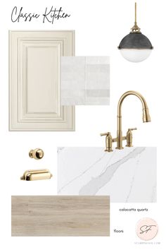 a kitchen with white cabinets and gold faucets, marble counter tops, and brass fixtures