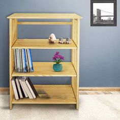 a wooden book shelf with books on it and a potted plant next to it