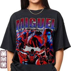 Miguel O Hara 90s Vintage Shirt, Miguel O Hara Shirt Casual Multicolor Shirt For Fan Merchandise, 90s Fan Merchandise Short Sleeve Shirt, 90s Style Fan Merchandise Short Sleeve Shirt, 90s Style Short Sleeve Fan Merchandise Shirt, 90s Crew Neck Shirt With Sublimation Print, 90s Style Multicolor Tops For Fan Merchandise, 90s Style Fan Merchandise Shirt For Summer, Spiderman Man, Qui Gon Jinn