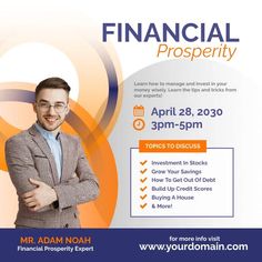 a flyer for a financial prosperity seminar with a man in a business suit and glasses