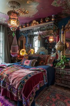 a bedroom with an elaborate bed and chandelier hanging from it's ceiling