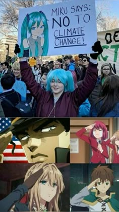 people holding up signs in the air with one woman wearing blue hair and two men dressed as anime characters