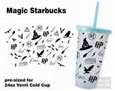 a starbucks cup with harry potter symbols on it and the words, magic starbuckss pre - sized for 20oz venti cold cup