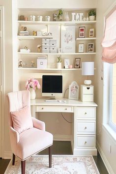 French country cozy home office for women with soft pink lighting and rustic decor. Pink Home Office Decor, Feminine Office Space, Pink Home Offices, Unique Office Spaces, Pink Home Office, Apartment Styling, Pink Lighting