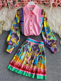 Skirt set perfect for summer comes in UK sizes 8-14 Skirt And Blouse Outfit, Vintage Pleated Skirt, Skirt Heels, 2 Piece Sets, Colorful Heels, Luxury Printing, Vintage Long Sleeve, Luxury Women Fashion, Vintage Vogue