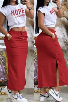 Rose Red Casual Letter Patchwork Slit O Neck Short Sleeve Two Pieces Look Disco, Side Split Dress, Nope Not Today, Drawstring Skirt, Tie Skirt, Half Skirt, Not Today, Print Crop Tops, Summer Tee