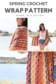 a woman wearing a crochet wrap with text that reads spring crochet wrap pattern mama in a stitch