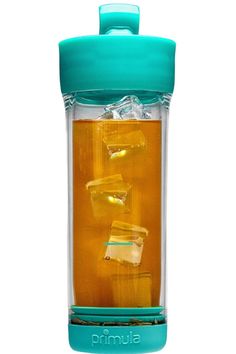 a teal plastic water bottle with ice cubes in it