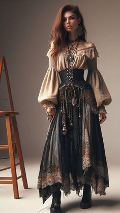 Victorian Boho Fashion, Gypsiesoul Fashion Outfits, Fantasy Fashion Aesthetic, Midevil Outfits Female, Whimsigoth Aesthetic Fashion, Romani Outfit, Fantasy Aesthetic Outfits, Modern Medieval Fashion, Boho Witch Outfits