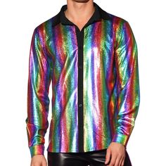 The metallic shiny button down shirts are special and fashion, making your outfit catching people's eyes. You can match the metallic party shirts with leather pants, sequin blazers and a silk tie for night out, stage performance, concerts or other occasions. A great choice for men's trendy outdoor clothing, this shiny shirt is a must-have in your wardrobe. Collared Shirt For Fall Party, Metallic Long Sleeve Club Tops, Metallic Long Sleeve Tops For Club, Long Sleeve Party Shirt For Party Season, Disco Long Sleeve Top For Club, Multicolor Collared Party Shirt, Long Sleeve Party Shirt, Metallic Long Sleeve Disco Top, Metallic Button-up Party Top