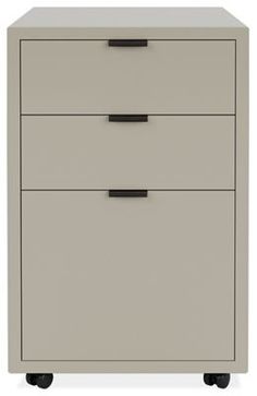 an office file cabinet with three drawers on casteors and wheels, in light grey