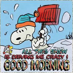 a cartoon snoopy holding a red mailbox with the words,'all this snow is driving me crazy i good morning '