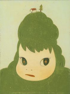 a painting of a girl with green hair and an apple on top of her head