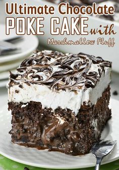 the ultimate chocolate poke cake with marshmallow frosting on top is ready to be eaten