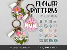 flower pattern keychains with flowers and tassels on them, including the word mom