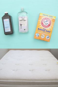 the mattress is next to some cleaning products