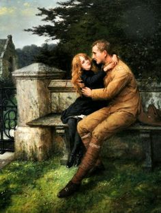 a painting of a man and woman sitting on a park bench hugging each other with trees in the background