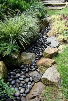 a garden with lots of rocks and plants on the side of it, along with some grass