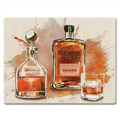 CounterArt "Bourbon Bottles" Tempered Glass Cutting Board. Perfect for prepping, carving, or serving. Features a sturdy tempered glass body. The surface is slightly textured to prevent movement of your foods while chopping and dicing. The colorful, artistic design brings a distinctive style to your kitchen or buffet table. Non-skid rubber feet on the back will hold the piece steady while protecting your countertop from scratches. Measures 10 x 8 x .5. Dishwasher Safe. Size: 10" x 8" x .5".  Colo Bear Artwork, Classic Bar, Tile Coasters, Stone Coasters, Bourbon Whiskey, Study Office, Buffet Table, Stretched Canvas Prints, Happy Hour