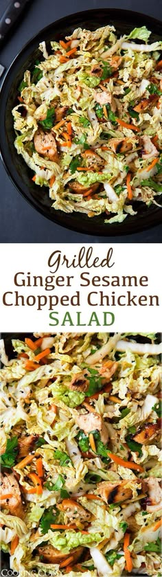 grilled ginger sesame chopped chicken salad with carrots and celery in a skillet