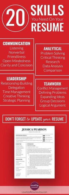 a red and white poster with the words 20 skills you need on your resume