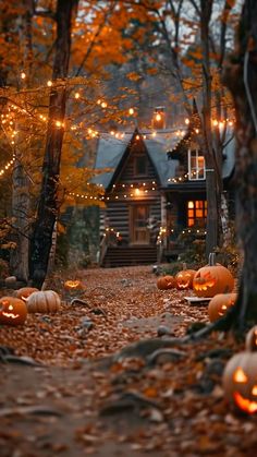 pumpkins on the ground in front of a log cabin with lights strung from it