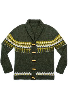 a green cardigan sweater with yellow and white designs on the front, sitting against a white background