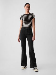 High Rise '70s Flare Jeans | Gap Retro High Rise Fitted Flares, Retro Fitted High Rise Flares, Black High Rise Fitted Flares, Gap Black Wide Leg Pants, Chic High Rise Gap Bottoms, Retro Fitted Mid-rise Flares, Retro Mid-rise Fitted Flares, Black Full Length Gap Bottoms, Gap Wide Leg Flare Jeans