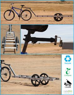 four different views of the same bike and some steps in the sand, one with wheels on it