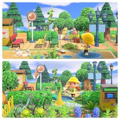 two pictures of the same character in animal crossing, one with a yellow hat and green pants