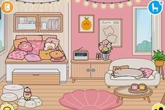 a cartoon bedroom with pink walls and furniture