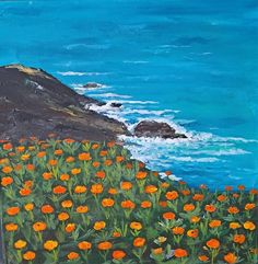 an oil painting of orange flowers by the ocean with waves coming in from the shore