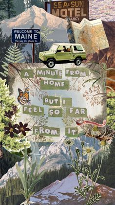 a collage of pictures with cars and mountains in the background, including a street sign