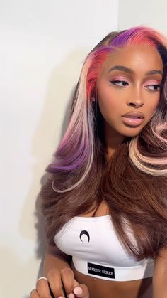 Black Hair Pop Of Color, Winter Color Wigs For Black Women, Peak A Boo Pink Hair Color, Crazy Hair Colors For Short Hair, Split Hair Dye Underneath, Rainbow Streaks In Hair, Color Hair Black Women, Holographic Hair Dark, Synthetic Wig Hairstyles