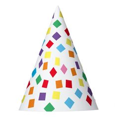 Rainbow confetti party hat featuring a cheerful print of bright colored square and diamond confetti shapes. Perfect festive paper cone hat for a girl or boy's birthday party. Bright and cheerful pretty patterned hat to bring joy to your event. Party Noob, Cone Hat, Clown Party, Rainbow Confetti, Paper Cones, Birthday Party Hats, Confetti Party, Birthday Hat, Bright Colored