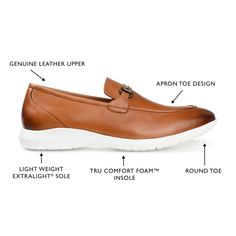 The Burns loafer from Thomas & Vine boasts a classic round toe design and a convenient slip-on style, ensuring both timeless elegance and easy wear. Featuring a 12 mm Tru Comfort Foam™ footbed, it provides superior cushioning for all-day comfort. The shoe is not only stylish but also durable, with a 1-inch XL Extralight® Outsole, all crafted from genuine leather for luxury look. Slip-on Plain Toe Boat Shoes For Business Casual, Plain Toe Slip-on Boat Shoes For Business Casual, Slip-on Boat Shoes For Business Casual, Thomas Vines, Luxury Look, Bit Loafers, Toe Designs, Easy Wear, Cognac