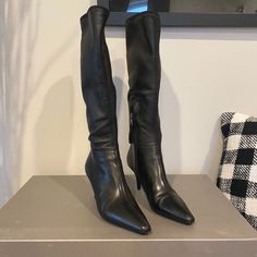 Prada Black Leather Tall Boot (Size 37.5) - Very Gently Worn And In Excellent Condition - Classic, Timeless Black Leather Boot - Leather Is Incredibly Soft And Supple - 3" Heel - 16" Shaft - Inner Zipper - Made In Italy *Final Sale - No Returns, Please Prada Shoes, Black Leather Boots, Tall Boots, Shoes Heels Boots, Leather Boots, Shoes Women Heels, Heeled Boots, Prada, Shoes Heels