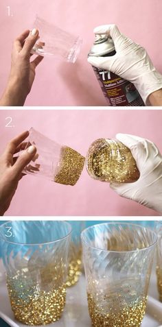 the process to make gold glitter cups is shown in three different pictures, including one being filled