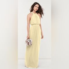 Nwot Light Yellow With Halter Neckline Yellow A-line Beach Maxi Dress, Halter Neckline, Maxi Gowns, Light Yellow, Doll Dress, Yellow, Womens Dresses, Crystals, Dresses