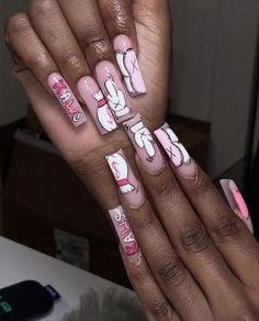 Matte Kaws Nails, Nail Inspo Kaws, Long Acrylic Nails Kaws, Acrylic Nail Freestyle Designs, Kaws Nails Design Long, Kaws Nails Set, Kaws Nails Purple, Kaws Set Nails