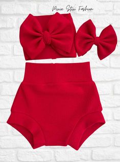 "Our Christmas Red Baby Bummies with optional bow is a great addition to your little ones wardrobe! Red Bummies so versatile and best of all are also gender neutral, so they are great for twin and sibling sets! Made from textured knit blend fabric, they feature a stretchy waistband and banded leg cuffs for extra comfort and excellent fit.  Comes with optional matching 4\" bow on nylon headband, Bow Headwrap or attached to an alligator clip.  Order the set or only the pieces you want.  Safety Fir Cute Fitted Red Bottoms, Cute Red Bottoms For Playtime, Woman Costumes, Aries Baby, Bow Headwrap, Girl Shorts, Headband Bow, Baby Girl Shorts, Girls Red