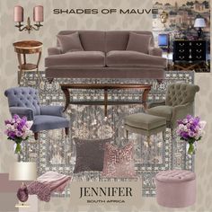 a living room filled with furniture and decor in shades of mauve, pink, grey and gold